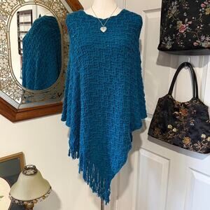 VTG Y2K Teal Blue & Green Threaded Sequin Whimsy Knit Poncho w Tassel Fringe OS